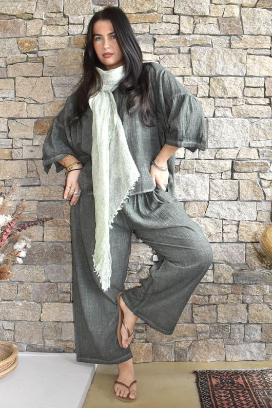 Loom & Thread Pin Tuck Blouse Washed Moss /40=